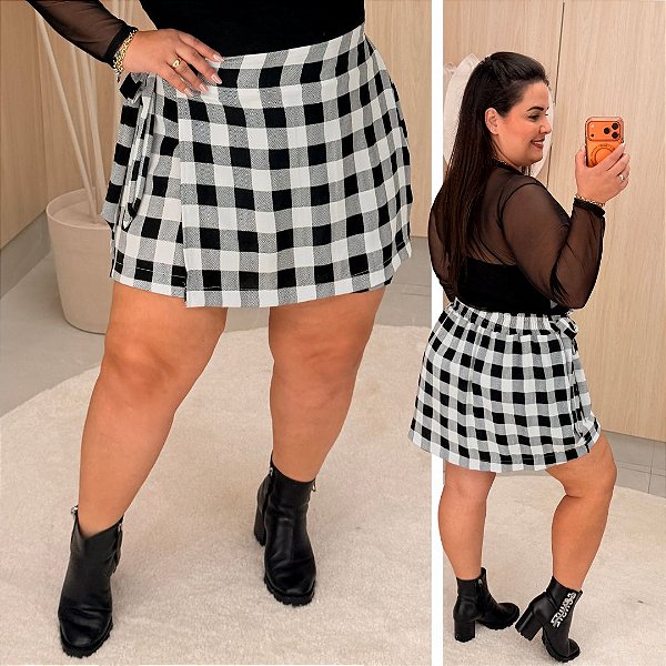 Short Saia Babi Xadrez Branco Plus Size