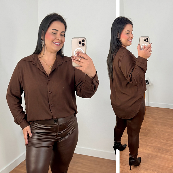 Camisa Manga Mullet Marrom Plus Size
