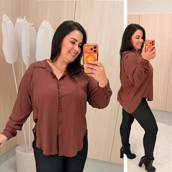 Camisa Manga Mullet Marrom Plus Size
