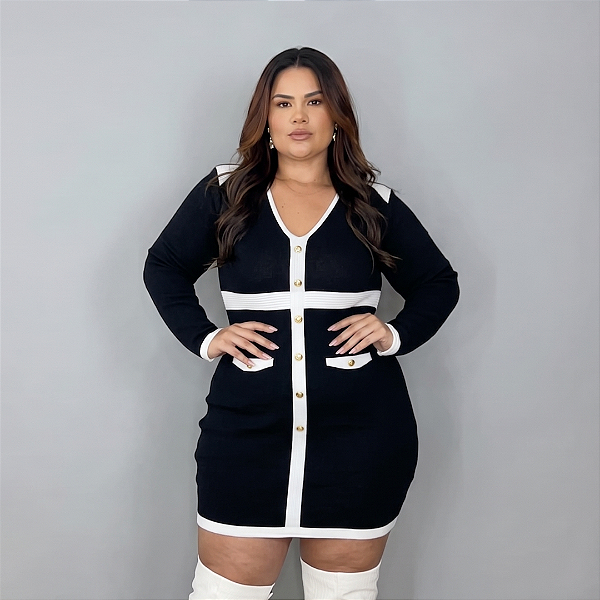 Vestido Modal Bia Botão Preto Plus Size
