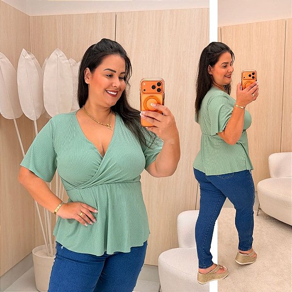 Blusa Canelada Thais Verde Menta Plus Size