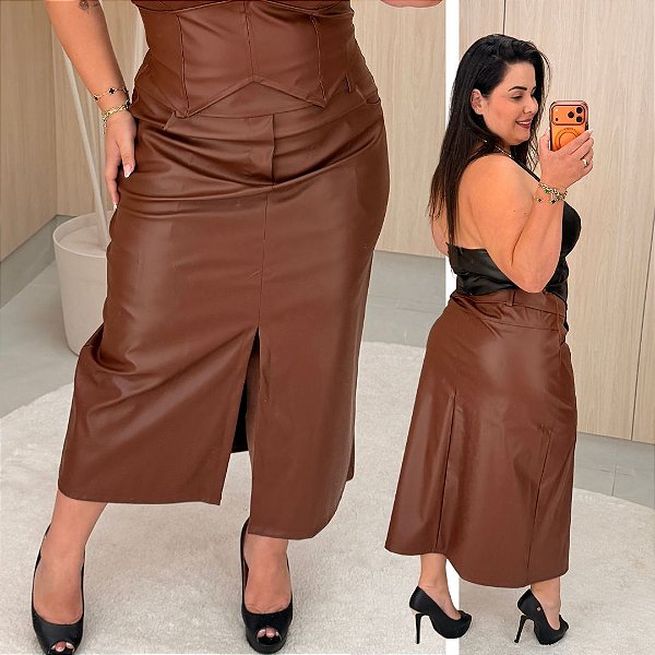 Saia Longa Lia Corino Marrom Plus Size