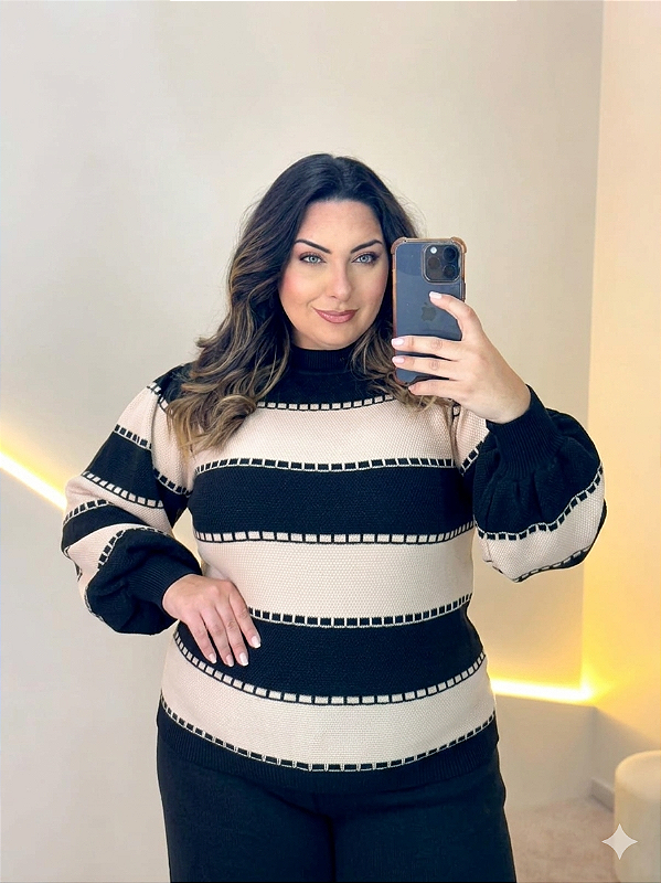 Blusa Manga Listra Modal Preto Plus Size