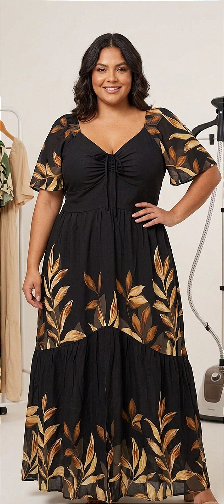 Vestido Zoe Flores Preto Plus Size