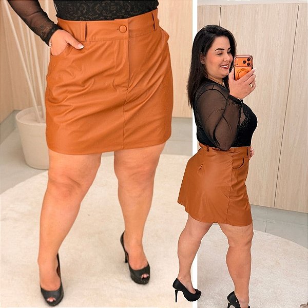 Short Saia Corino Vip Angêla Caramelo Plus Size