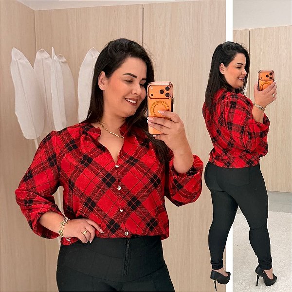 Blusa Manga Botão Sabrina Vermelha Xadrez Plus Size
