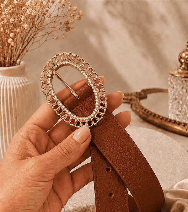 Cinto Fivela Oval Strass Caramelo Plus Size