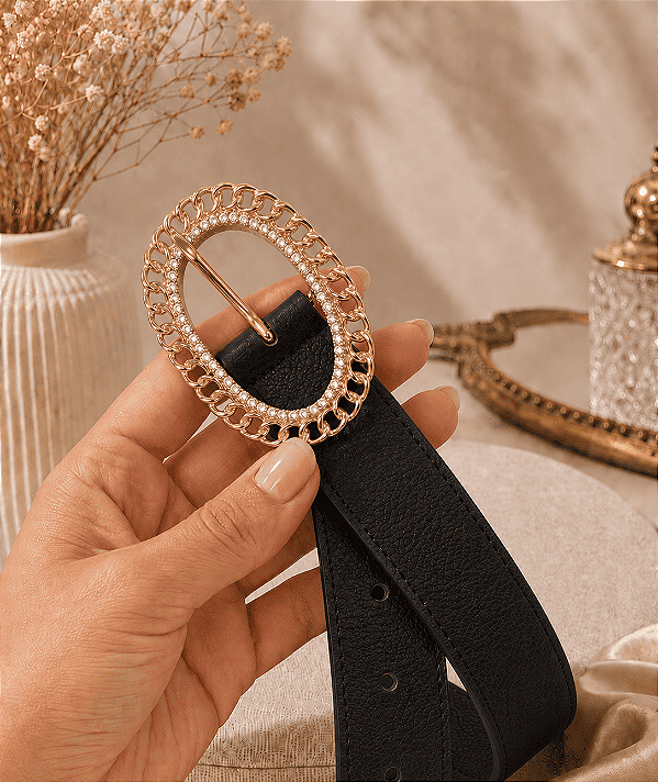 Cinto Fivela Oval Strass Preto Plus Size