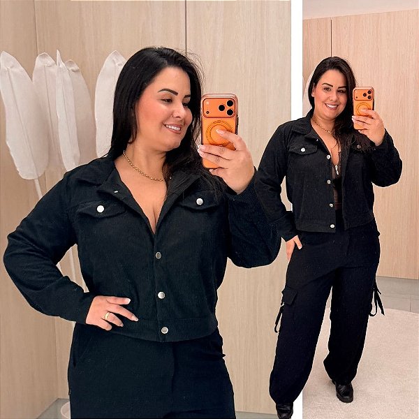 Jaqueta Cotelê Estela Preto Plus Size
