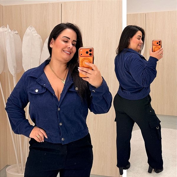 Jaqueta Cotelê Estela Azul Marinho Plus Size