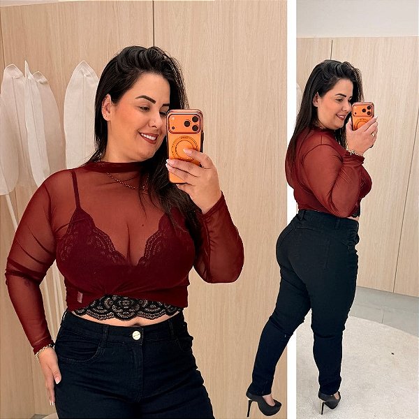 Blusa Tule Manga Longa Vinho Plus Size