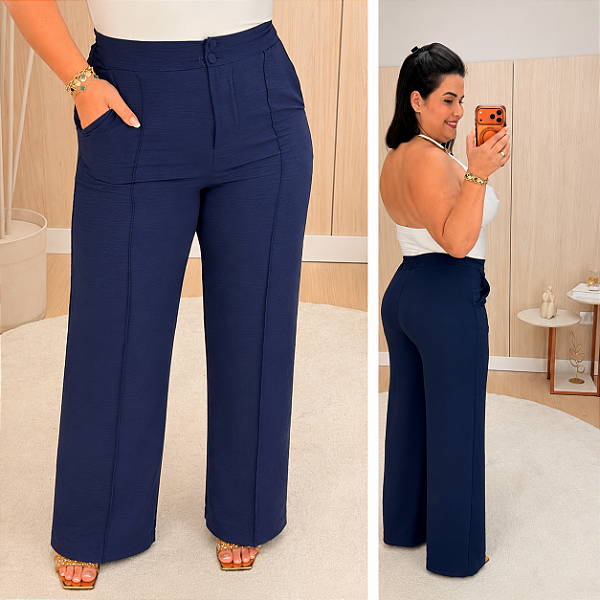 Calça Pantalona Duna Azul Marinho Plus Size