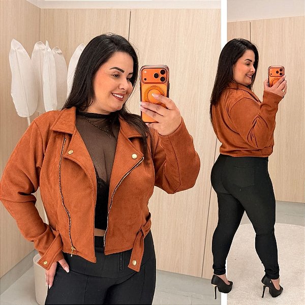 Jaqueta Fabi Marrom Claro Suede Plus Size