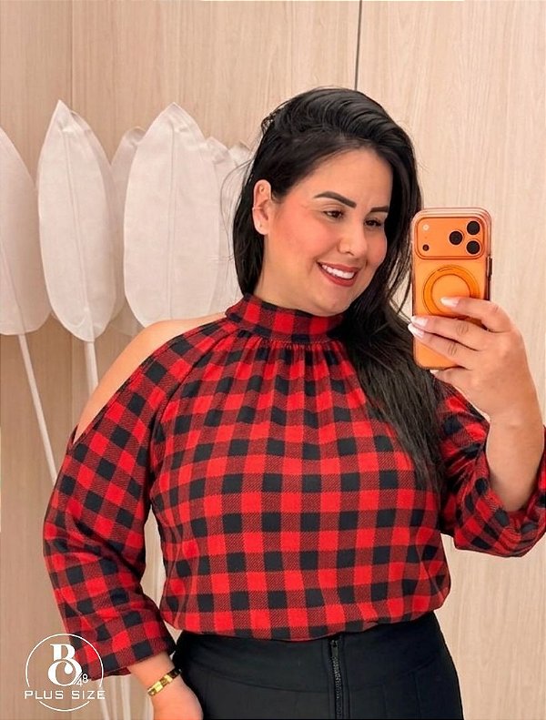 Blusa Manga Reina Vermelha Xadrez Plus Size