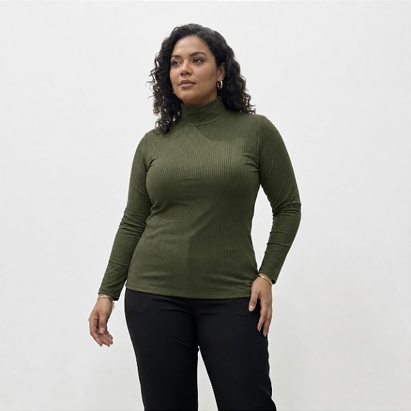 Blusa Manga Olivia Gola Alta Verde Militar Plus Size