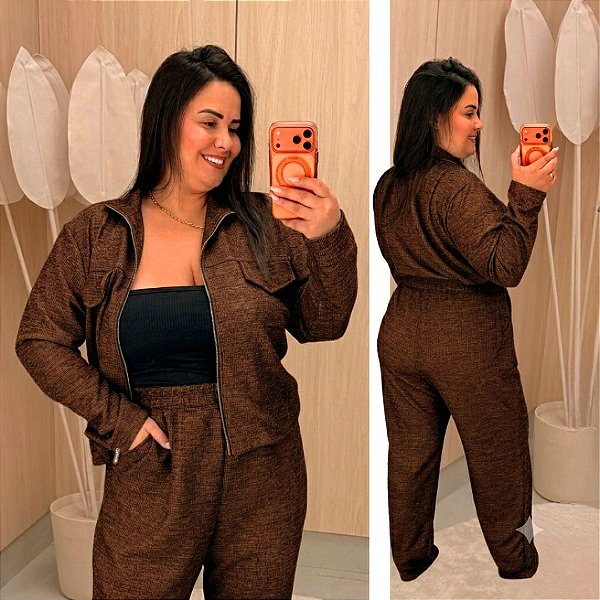 Conjunto Vip Manga Longa Emily Marrom Plus Size