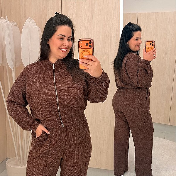 Conjunto Vip Manga Longa Natali Marrom Escuro Plus Size