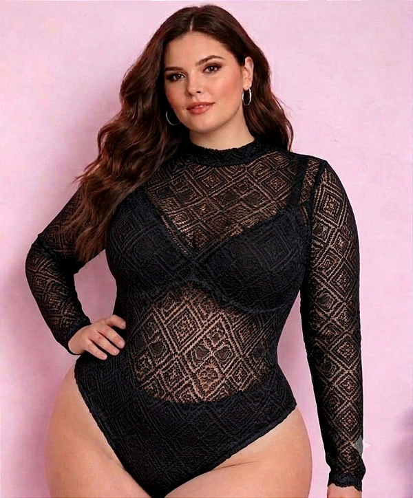 Body Manga Renda Manu Preto Plus Size