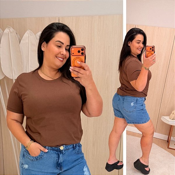 T shirt Básica Lisa Marrom Plus Size