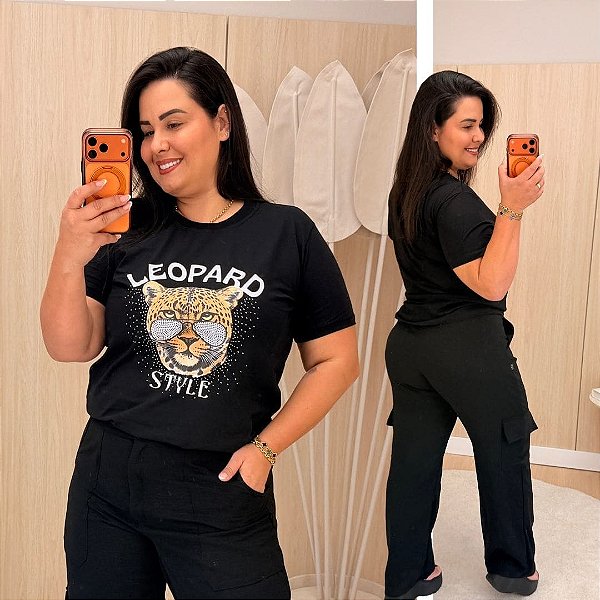 T shirt Leopardo Preta Plus Size