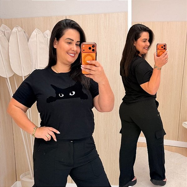 T shirt Gato Preta Plus Size