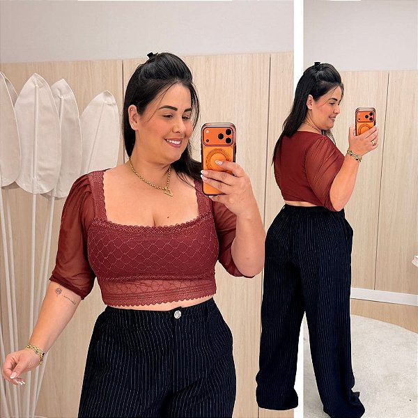 Cropped Manga 3/4 Luna Vinho Plus Size