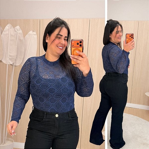 Body Manga Renda  Manu Azul Marinho Plus Size