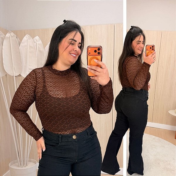 Body Manga Renda Manu Marrom Plus Size