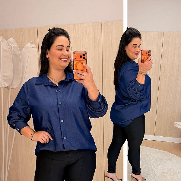Camisa Manga Longa Azul Jeans Plus Size