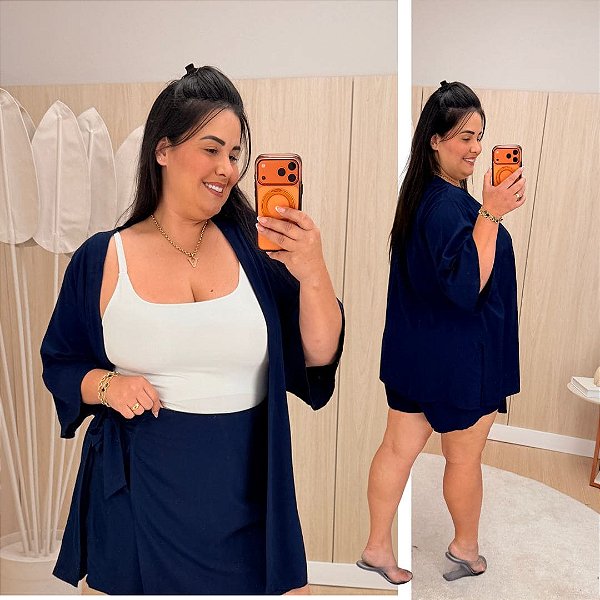 Conjunto Kimono Short Saia Azul Marinho Plus Size