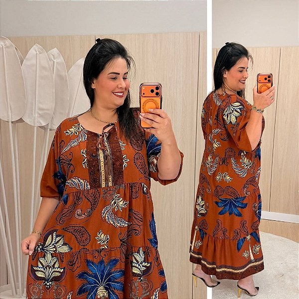 Vestido Valência Terra Cota Estampado Plus Size