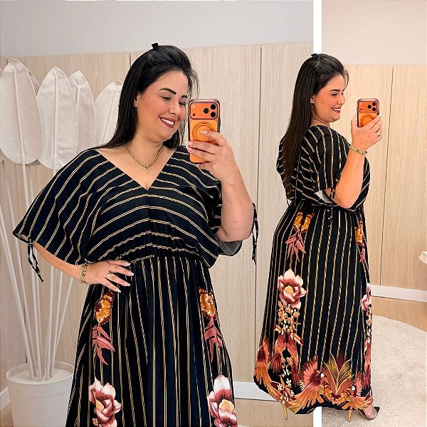 Vestido Dora Longo Preto Estampado Plus Size