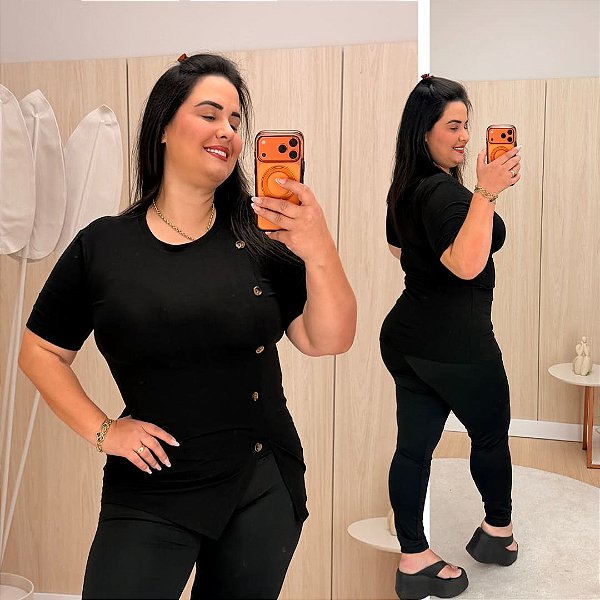 Blusa Vest Legging Botões Preta Plus Size