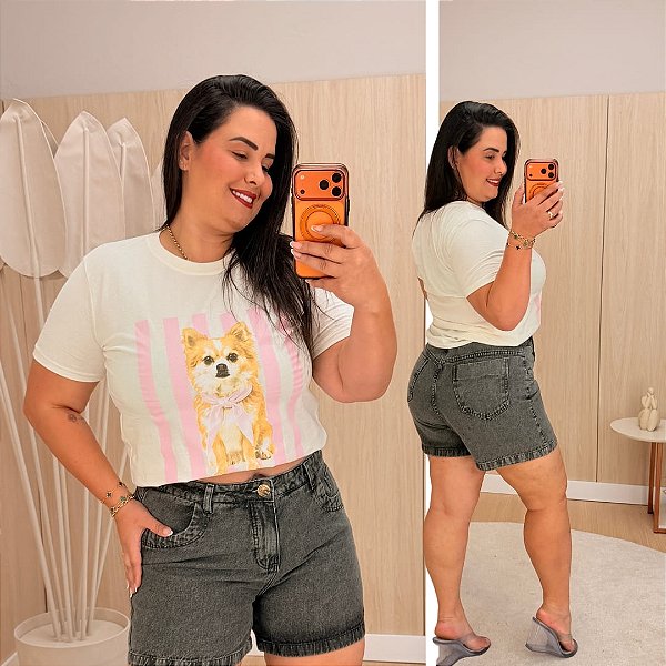 T shirt Dog Listra Rosa Plus Size