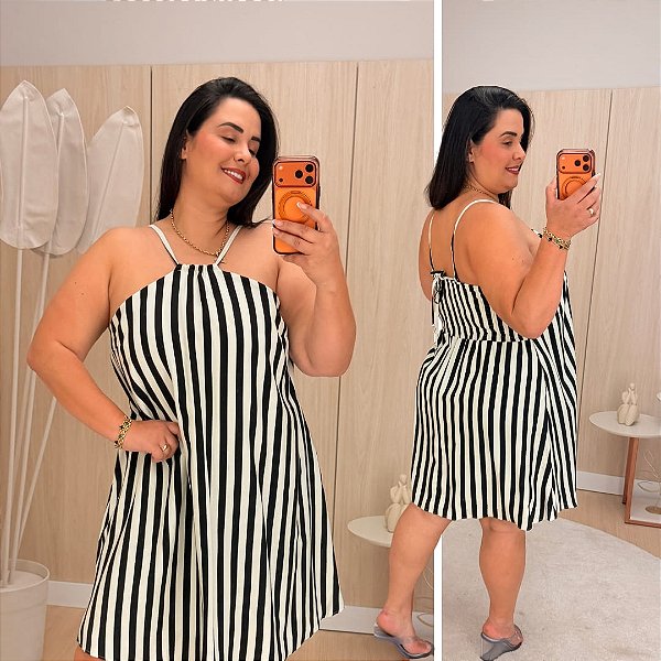 Vestido Ágata Listra Preta Plus Size
