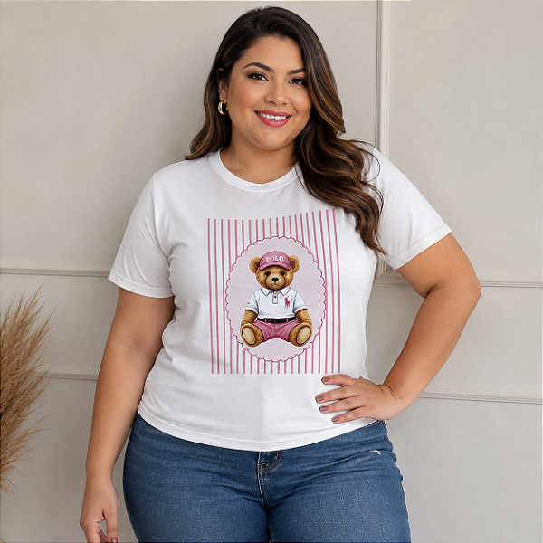 T shirt Polo Urso Listra Rosa Plus Size