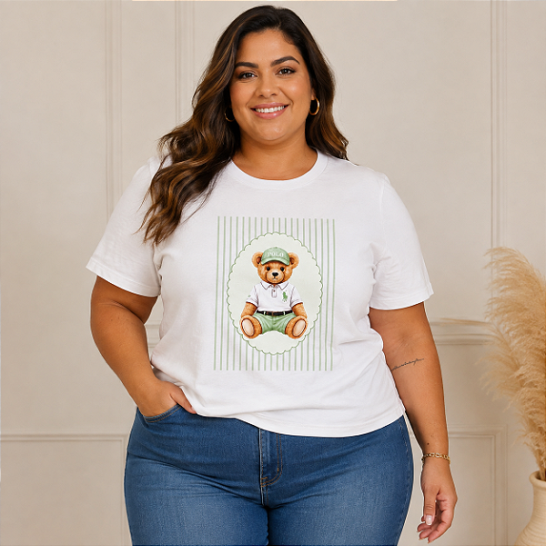 T shirt Polo Urso Listra Verde Plus Size