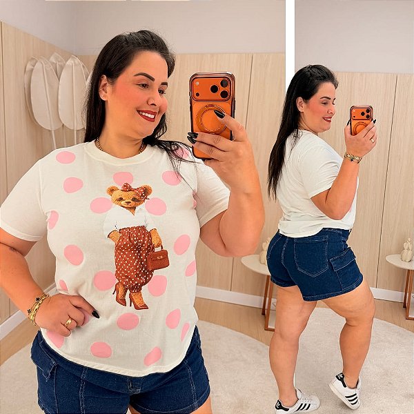 T shirt Urso Laço Poá Rosa Plus Size