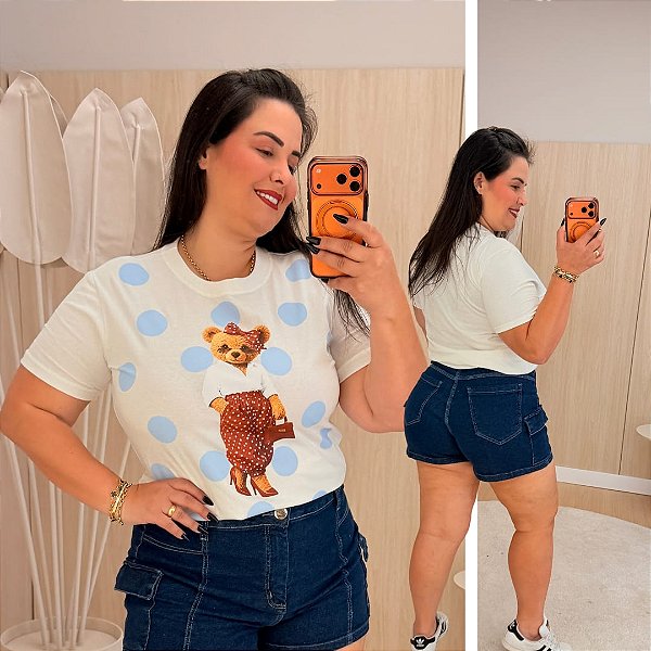T shirt Urso Laço Poá Azul Plus Size
