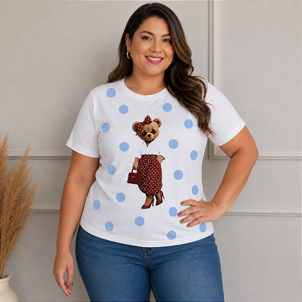 T  shirt Urso Laço Poá Azul Plus Size