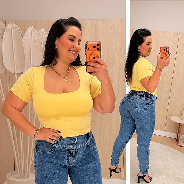 Blusa Gola Quadrada Suplex Amarelo Manteiga Plus Size