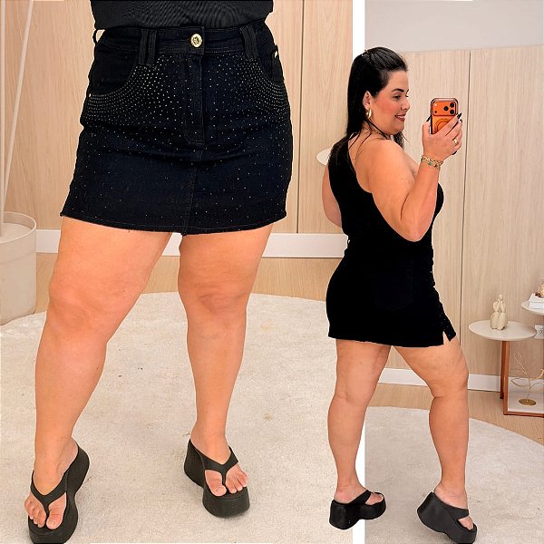 Short Saia Jeans FF Brilho Kira Plus Size