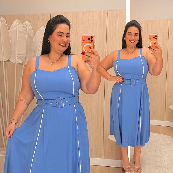 Vestido Cinto Mid Mirela Azul Plus Size