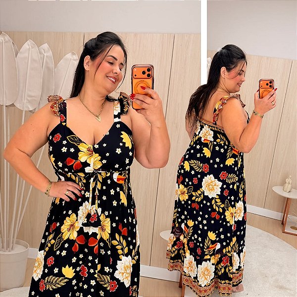 Vestido Alça Babado Martina Preto Floral Plus Size