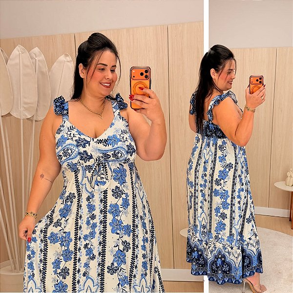 Vestido Alça Babado Martina Branco e Azul Plus Size