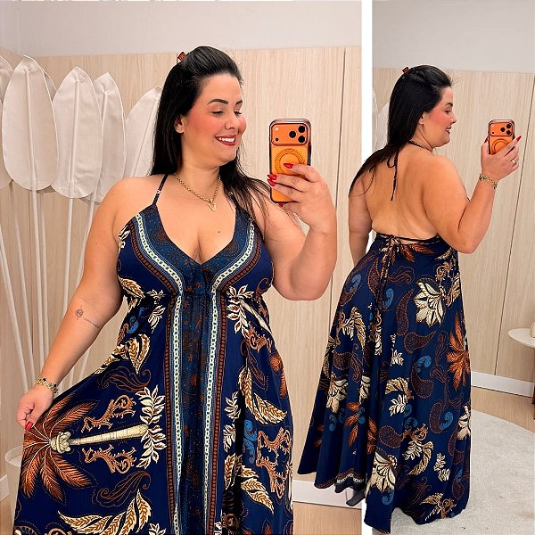 Vestido Lenço Adrieli Azul Escuro Estampado Plus Size