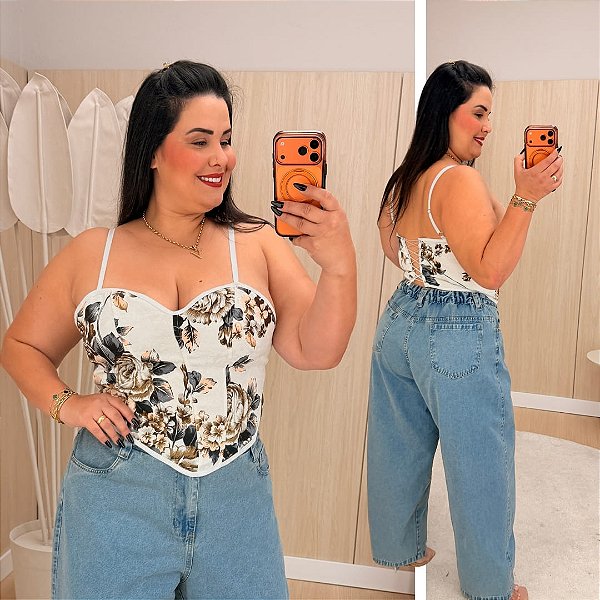 Cropped Corselet Rubi Preto e Marrom Plus Size