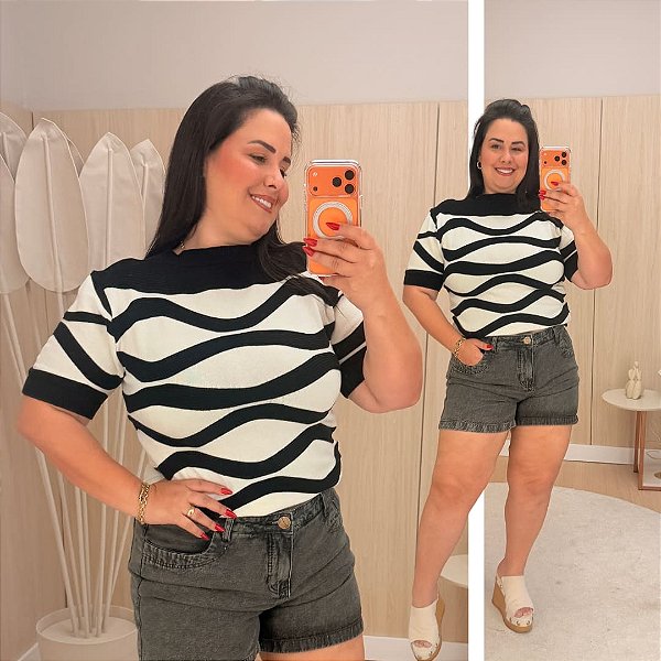Blusa Zig Listra Preta Plus Size