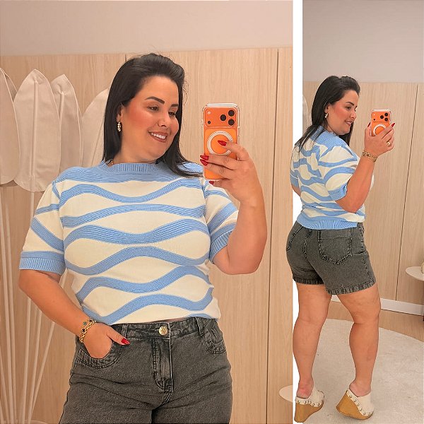 Blusa Zig Listra Azul BB Plus Size