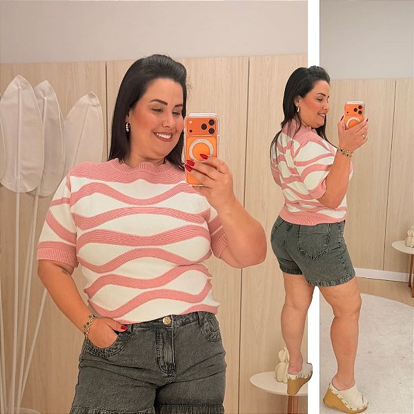 Blusa Zig Listra Rosa Plus Size